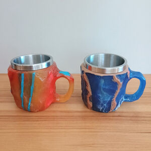 Set Of 2 Mineral Crystal Resin Coffee Mugs Blue Orange Yellow